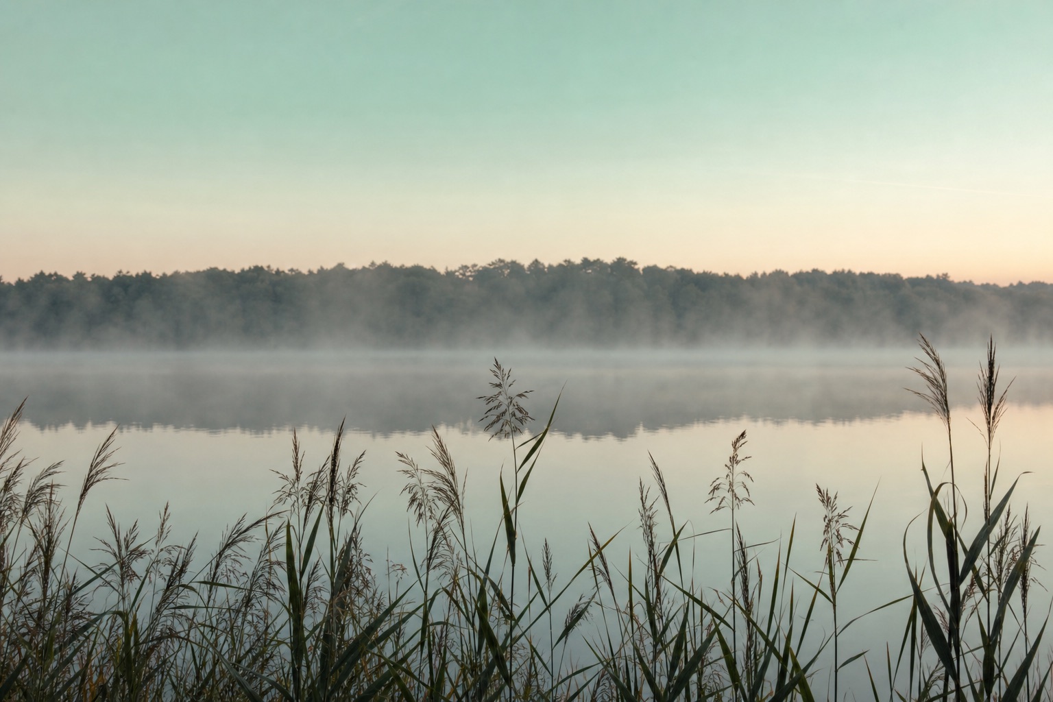 Stiller See im Morgennebel mit Schilf im Vordergrund in sanften Blau- und Beigetönen